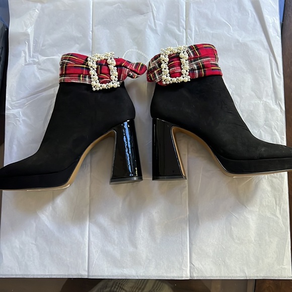 Betsey Johnson Idris Plaid Sash Rhinestone Buckle Booties - Picture 13 of 13